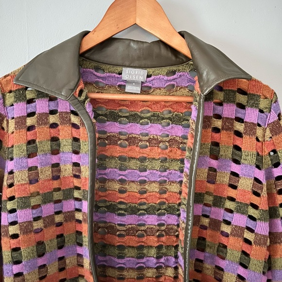 SIGRID OLSEN Open Cardigan Sweater Jacket Leather Trim Multi-Color Womens Size S - Picture 2 of 7